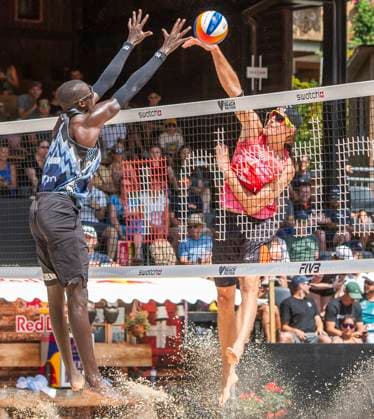 July 5, 2025, Gstaad, Bern, Switzerland: YOUNOUSSE CHERIF of Qatar against STEVEN VAN DE VELDE of Netherlands during Swatch Beach Pro Gstaad 2025, Swatch Beach Pro Gstaad 2025 took place in the famous ski resort and which organizes events like the EFG Swiss Open Gstaad ATP, Tennis Herren 250 and the Polo Gold Club Gstaad 2024 and took place at Roy Emerson Arena in Gstaad. Gstaad Switzerland - ZUMAd206 20250705_zip_d206_053 Copyright: xEricxDubostx