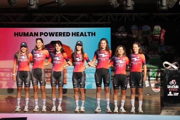 HUMAN POWERED HEALTH During the team presentation ahead of the Giro d™Italia women cycling race in Bergamo. The race starts on Sunday July 6, with the first Tudor ITT stage over 14,2 km, from and to Bergamo, North Italy - Saturday, July 5, 2025. - cycling .  Copyright: xStefanoxNicoli LaPressex