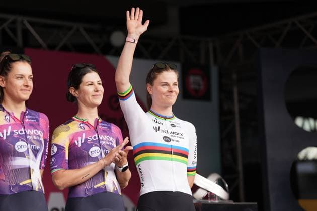 KOPECKY Lotte during the team presentation ahead of the Giro d™Italia women cycling race in Bergamo. The race starts on Sunday July 6, with the first Tudor ITT stage over 14,2 km, from and to Bergamo, North Italy - Saturday, July 5, 2025. - cycling .  Copyright: xMassimoxPaolone LaPressex