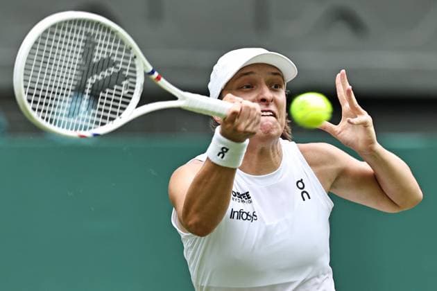 Iga Swiatek, POL, during third round of 2025 All England Lawn Tennis Championships at Wimbledon, womens singles, London, 05 07 2025