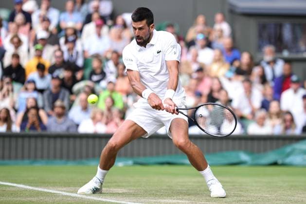 Novak Djokovic, SRB, during third round of 2025 All England Lawn Tennis Championships at Wimbledon, mens singles, London, 05 07 2025