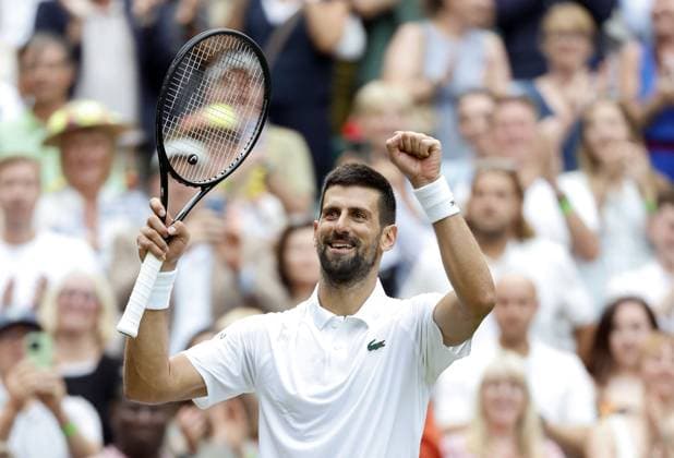 Tennis: Wimbledon championships Novak Djokovic of Serbia reacts after beating compatriot Miomir Kecmanovic in the men s singles third round at the Wimbledon tennis tournament in London on July 5, 2025.  A14AA0004704115P