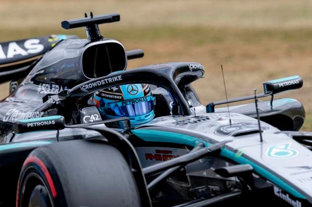 NORTHAMPTONSHIRE, ENG - JULY 05: George Russell of the United Kingdom and Team Mercedes (63) comes into the pit during Qualifying at the F1 Grand Prix of Great Britain on July 05, 2025 at Silverstone Circuit in Northampton, England. (Photo by Bob Kupbens Icon Sportswire) AUTO: JUL 05 F1 British Grand Prix EDITORIAL USE ONLY Icon250705237