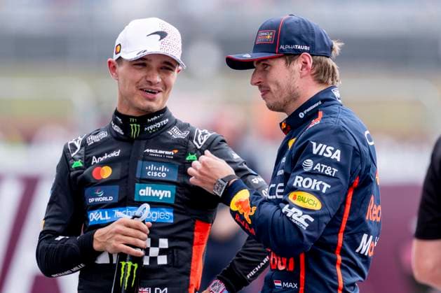 NORTHAMPTONSHIRE, ENG - JULY 05: Lando Norris of the United Kingdom and Team McLaren (4) and Max Verstappen of the Netherlands and Team Red Bull Racing (1) talk after Qualifying at the F1 Grand Prix of Great Britain on July 05, 2025 at Silverstone Circuit in Northampton, England. (Photo by Bob Kupbens Icon Sportswire) AUTO: JUL 05 F1 British Grand Prix EDITORIAL USE ONLY Icon250705265