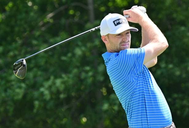 SILVIS, IL - JUL 05: Golfer Brian Campbell hits his shot on the 2 tee during the third round of the John Deere PGA, Golf Herren Golf Classic on July 05, 2025, at TPC Deere Run in Silvis,IL. (Photo by Keith Gillett Icon Sportswire) GOLF: JUL 05 PGA John Deere Classic EDITORIAL USE ONLY Icon25070562