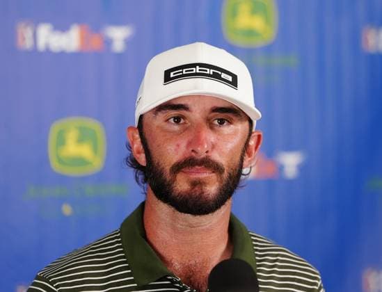 SILVIS, IL - JULY 05: PGA, Golf Herren golfer Max Homa does an interview with the media after finishing his third round of the John Deere Classic on July 5, 2025, at TPC Deere Run in Silvis, Illinois. (Photo by Brian Spurlock Icon Sportswire) GOLF: JUL 05 PGA John Deere Classic EDITORIAL USE ONLY Icon25070524