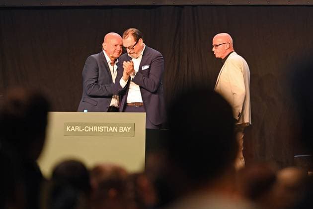 Robert REISINGER outgoing president 1860 after his speech,departure,farewell L Karl Christian BAY,Norbert STEPPE General meeting TSV 1860 Muenchen on 06 07 2025 at the Zenith,