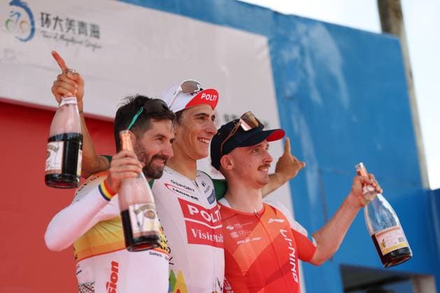 (250706) -- XINING, July 6, 2025 -- First placed Manuel Penalver Aniorte (C) of Team Polti Visitmalta, second placed Eduard-Michael Grosu (L) of Huansheng-Vonoa-Taishan Team and third placed Alexander Salby of Li Ning Star celebrate on the podium after Stage 1 of the Tour of Magnificent Qinghai international Road cycling, Rad, Radsport, Strasse race in Xining, northwest China s Qinghai Province, July 6, 2025. ) (SP)CHINA-QINGHAI-XINING-CYCLING-TOUR OF MAGNIFICENT QINGHAI (CN) ZhangxLong 