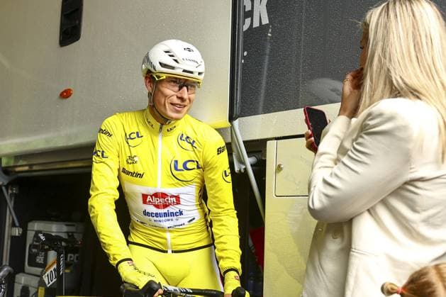 Belgian Jasper Philipsen of Alpecin-Deceuninck and Melanie Peetermans, girlfriend of Jasper Philipsen pictured at the start of the second stage of the 2025 Tour de France cycling race, from Lauwin-Planque to Boulogne-sur-Mer (212 km), on Sunday 06 July 2025 in France. The 112th edition of the Tour de France starts on Saturday 5 July in Lille, and will finish in Paris on the 27th of July. DAVIDxPINTENS  x128533582x