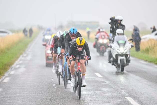 Tour de France 2025 Stage 2 BOULOGNE-SUR-MER, FRANCE - JULY 06 : Illustration picture of the escape pack with Armirail Bruno (FRA) of Decathlon AG2R La Mondiale Team, Fedorov Yevgeniy (KAZ) of XDS Astana Team, Van Moer Brent (BEL) of Lotto, Leknessund Andreas (NOR) of Uno-X Mobility during stage 2 of the 112th edition of Tour de France an UCI World Tour 2.UWT cycling road race stage for Men Elite of 212 km with start in Lauwin-Planque and finish in Boulogne-sur-Mer on July 6, 2025 in Boulogne-sur-Mer, France, 06 07 2025 ( Motordriver Kenny Verfaillie - Boulogne-sur-Mer France  Copyright: xJanxDexMeuleneirx
