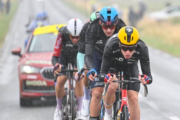 Tour de France 2025 Stage 2 BOULOGNE-SUR-MER, FRANCE - JULY 06 : Illustration picture of the escape pack with Armirail Bruno (FRA) of Decathlon AG2R La Mondiale Team, Fedorov Yevgeniy (KAZ) of XDS Astana Team, Van Moer Brent (BEL) of Lotto, Leknessund Andreas (NOR) of Uno-X Mobility during stage 2 of the 112th edition of Tour de France an UCI World Tour 2.UWT cycling road race stage for Men Elite of 212 km with start in Lauwin-Planque and finish in Boulogne-sur-Mer on July 6, 2025 in Boulogne-sur-Mer, France, 06 07 2025 ( Motordriver Kenny Verfaillie - Boulogne-sur-Mer France  Copyright: xJanxDexMeuleneirx