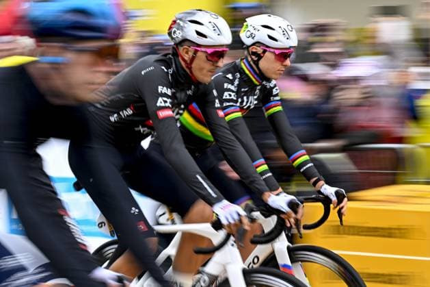 Slovenian Tadej Pogacar of UAE Team Emirates pictured at the start of the second stage of the 2025 Tour de France cycling race, from Lauwin-Planque to Boulogne-sur-Mer (212 km), on Sunday 06 July 2025 in France. The 112th edition of the Tour de France starts on Saturday 5 July in Lille, and will finish in Paris on the 27th of July. JASPERxJACOBS  x128534292x