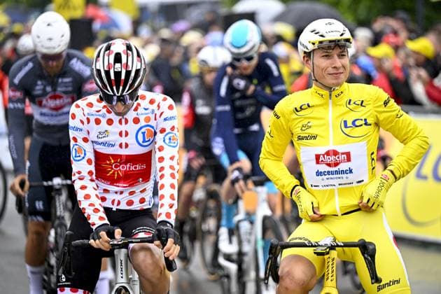 Belgian Jasper Philipsen of Alpecin-Deceuninck wearing the yellow jersey pictured at the start of the second stage of the 2025 Tour de France cycling race, from Lauwin-Planque to Boulogne-sur-Mer (212 km), on Sunday 06 July 2025 in France. The 112th edition of the Tour de France starts on Saturday 5 July in Lille, and will finish in Paris on the 27th of July. JASPERxJACOBS  x128534359x