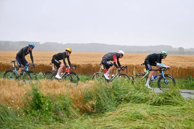 Tour de France 2025 Stage 2 BOULOGNE-SUR-MER, FRANCE - JULY 06 : Illustration picture of the escape pack with Armirail Bruno (FRA) of Decathlon AG2R La Mondiale Team, Fedorov Yevgeniy (KAZ) of XDS Astana Team, Van Moer Brent (BEL) of Lotto, Leknessund Andreas (NOR) of Uno-X Mobility during stage 2 of the 112th edition of Tour de France an UCI World Tour 2.UWT cycling road race stage for Men Elite of 212 km with start in Lauwin-Planque and finish in Boulogne-sur-Mer on July 6, 2025 in Boulogne-sur-Mer, France, 06 07 2025 ( Motordriver Kenny Verfaillie - Boulogne-sur-Mer France  Copyright: xJanxDexMeuleneirx