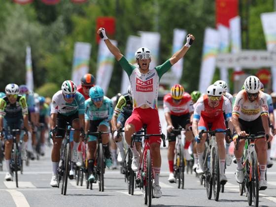 (250706) -- XINING, July 6, 2025 -- Manuel Penalver Aniorte (front) of Team Polti Visitmalta celebrates winning Stage 1 of the Tour of Magnificent Qinghai international Road cycling, Rad, Radsport, Strasse race in Xining, northwest China s Qinghai Province, July 6, 2025. ) (SP)CHINA-QINGHAI-XINING-CYCLING-TOUR OF MAGNIFICENT QINGHAI (CN) ZhangxLong 