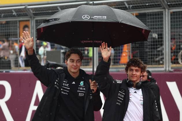 F1 British Grand Prix 2025 George Russell of Mercedes and Andrea Kimi Antonelli of Mercedes ahead of the Formula 1 British Grand Prix at Silverstone Circuit in Northampton, Great Britain on July 6, 2025. Northampton United Kingdom  Copyright: xJakubxPorzyckix originalFilename:porzycki-f1britis250706_np0Ht.jpg