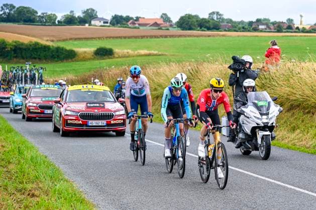 Tour de France 2025 Stage 2 BOULOGNE-SUR-MER, FRANCE - JULY 06 : Illustration picture of the escape pack with Armirail Bruno (FRA) of Decathlon AG2R La Mondiale Team, Fedorov Yevgeniy (KAZ) of XDS Astana Team, Van Moer Brent (BEL) of Lotto, Leknessund Andreas (NOR) of Uno-X Mobility during stage 2 of the 112th edition of Tour de France an UCI World Tour 2.UWT cycling road race stage for Men Elite of 212 km with start in Lauwin-Planque and finish in Boulogne-sur-Mer on July 6, 2025 in Boulogne-sur-Mer, France, 06 07 2025 ( Motordriver Kenny Verfaillie - Boulogne-sur-Mer France  Copyright: xJanxDexMeuleneirx
