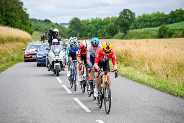 Tour de France 2025 Stage 2 BOULOGNE-SUR-MER, FRANCE - JULY 06 : Illustration picture of the escape pack with Armirail Bruno (FRA) of Decathlon AG2R La Mondiale Team, Fedorov Yevgeniy (KAZ) of XDS Astana Team, Van Moer Brent (BEL) of Lotto, Leknessund Andreas (NOR) of Uno-X Mobility during stage 2 of the 112th edition of Tour de France an UCI World Tour 2.UWT cycling road race stage for Men Elite of 212 km with start in Lauwin-Planque and finish in Boulogne-sur-Mer on July 6, 2025 in Boulogne-sur-Mer, France, 06 07 2025 ( Motordriver Kenny Verfaillie - Boulogne-sur-Mer France  Copyright: xJanxDexMeuleneirx
