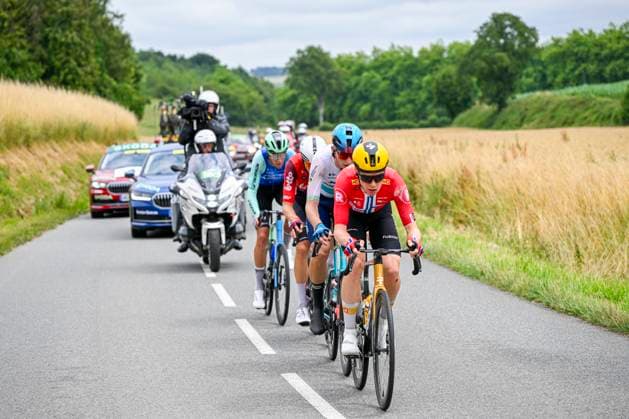 Tour de France 2025 Stage 2 BOULOGNE-SUR-MER, FRANCE - JULY 06 : Illustration picture of the escape pack with Armirail Bruno (FRA) of Decathlon AG2R La Mondiale Team, Fedorov Yevgeniy (KAZ) of XDS Astana Team, Van Moer Brent (BEL) of Lotto, Leknessund Andreas (NOR) of Uno-X Mobility during stage 2 of the 112th edition of Tour de France an UCI World Tour 2.UWT cycling road race stage for Men Elite of 212 km with start in Lauwin-Planque and finish in Boulogne-sur-Mer on July 6, 2025 in Boulogne-sur-Mer, France, 06 07 2025 ( Motordriver Kenny Verfaillie - Boulogne-sur-Mer France  Copyright: xJanxDexMeuleneirx