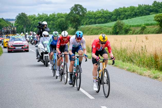 Tour de France 2025 Stage 2 BOULOGNE-SUR-MER, FRANCE - JULY 06 : Illustration picture of the escape pack with Armirail Bruno (FRA) of Decathlon AG2R La Mondiale Team, Fedorov Yevgeniy (KAZ) of XDS Astana Team, Van Moer Brent (BEL) of Lotto, Leknessund Andreas (NOR) of Uno-X Mobility during stage 2 of the 112th edition of Tour de France an UCI World Tour 2.UWT cycling road race stage for Men Elite of 212 km with start in Lauwin-Planque and finish in Boulogne-sur-Mer on July 6, 2025 in Boulogne-sur-Mer, France, 06 07 2025 ( Motordriver Kenny Verfaillie - Boulogne-sur-Mer France  Copyright: xJanxDexMeuleneirx