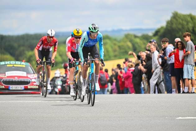 Tour de France 2025 Stage 2 BOULOGNE-SUR-MER, FRANCE - JULY 06 : Illustration picture of the escape pack with Armirail Bruno (FRA) of Decathlon AG2R La Mondiale Team, Fedorov Yevgeniy (KAZ) of XDS Astana Team, Van Moer Brent (BEL) of Lotto, Leknessund Andreas (NOR) of Uno-X Mobility during stage 2 of the 112th edition of Tour de France an UCI World Tour 2.UWT cycling road race stage for Men Elite of 212 km with start in Lauwin-Planque and finish in Boulogne-sur-Mer on July 6, 2025 in Boulogne-sur-Mer, France, 06 07 2025 ( Motordriver Kenny Verfaillie - Boulogne-sur-Mer France  Copyright: xJanxDexMeuleneirx