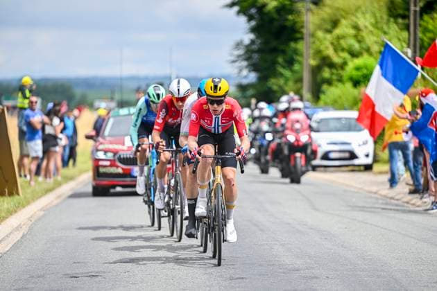 Tour de France 2025 Stage 2 BOULOGNE-SUR-MER, FRANCE - JULY 06 : Illustration picture of the escape pack with Armirail Bruno (FRA) of Decathlon AG2R La Mondiale Team, Fedorov Yevgeniy (KAZ) of XDS Astana Team, Van Moer Brent (BEL) of Lotto, Leknessund Andreas (NOR) of Uno-X Mobility during stage 2 of the 112th edition of Tour de France an UCI World Tour 2.UWT cycling road race stage for Men Elite of 212 km with start in Lauwin-Planque and finish in Boulogne-sur-Mer on July 6, 2025 in Boulogne-sur-Mer, France, 06 07 2025 ( Motordriver Kenny Verfaillie - Boulogne-sur-Mer France  Copyright: xJanxDexMeuleneirx