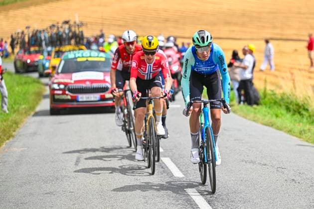 Tour de France 2025 Stage 2 BOULOGNE-SUR-MER, FRANCE - JULY 06 : Illustration picture of the escape pack with Armirail Bruno (FRA) of Decathlon AG2R La Mondiale Team, Fedorov Yevgeniy (KAZ) of XDS Astana Team, Van Moer Brent (BEL) of Lotto, Leknessund Andreas (NOR) of Uno-X Mobility during stage 2 of the 112th edition of Tour de France an UCI World Tour 2.UWT cycling road race stage for Men Elite of 212 km with start in Lauwin-Planque and finish in Boulogne-sur-Mer on July 6, 2025 in Boulogne-sur-Mer, France, 06 07 2025 ( Motordriver Kenny Verfaillie - Boulogne-sur-Mer France  Copyright: xJanxDexMeuleneirx