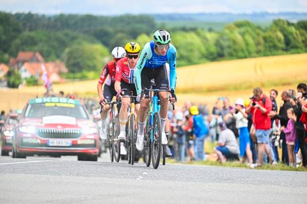 Tour de France 2025 Stage 2 BOULOGNE-SUR-MER, FRANCE - JULY 06 : Illustration picture of the escape pack with Armirail Bruno (FRA) of Decathlon AG2R La Mondiale Team, Fedorov Yevgeniy (KAZ) of XDS Astana Team, Van Moer Brent (BEL) of Lotto, Leknessund Andreas (NOR) of Uno-X Mobility during stage 2 of the 112th edition of Tour de France an UCI World Tour 2.UWT cycling road race stage for Men Elite of 212 km with start in Lauwin-Planque and finish in Boulogne-sur-Mer on July 6, 2025 in Boulogne-sur-Mer, France, 06 07 2025 ( Motordriver Kenny Verfaillie - Boulogne-sur-Mer France  Copyright: xJanxDexMeuleneirx