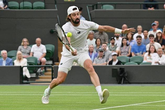 Wimbledon Tennis Championships - Day 7 LONDON, ENGLAND - JULY 06: Jordan Thompson of Australia plays in the Men’s singles fourth round match against Taylor Fritz of the United States (not seen) during day seven of The Championships Wimbledon 2025 at All England Lawn Tennis and Croquet Club on July 06, 2025 in London, England. Ray Tang Anadolu London United Kingdom. Editorial use only. Please get in touch for any other usage.  Copyright: x2025xAnadoluxRayxTangx