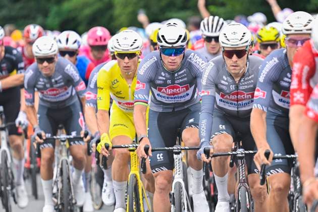Tour de France 2025 Stage 2 BOULOGNE-SUR-MER, FRANCE - JULY 06 : Philipsen Jasper (BEL) of Alpecin-Deceuninck, Van Der Poel Mathieu (NED) of Alpecin - Deceuninck in the peloton during stage 2 of the 112th edition of Tour de France an UCI World Tour 2.UWT cycling road race stage for Men Elite of 212 km with start in Lauwin-Planque and finish in Boulogne-sur-Mer on July 6, 2025 in Boulogne-sur-Mer, France, 06 07 2025 ( Motordriver Kenny Verfaillie - Boulogne-sur-Mer France  Copyright: xJanxDexMeuleneirx