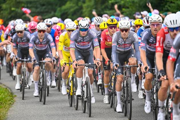 Tour de France 2025 Stage 2 BOULOGNE-SUR-MER, FRANCE - JULY 06 : Van Der Poel Mathieu (NED) of Alpecin - Deceuninck, Philipsen Jasper (BEL) of Alpecin-Deceuninck in action during stage 2 of the 112th edition of Tour de France an UCI World Tour 2.UWT cycling road race stage for Men Elite of 212 km with start in Lauwin-Planque and finish in Boulogne-sur-Mer on July 6, 2025 in Boulogne-sur-Mer, France, 06 07 2025 ( Motordriver Kenny Verfaillie - Boulogne-sur-Mer France  Copyright: xJanxDexMeuleneirx