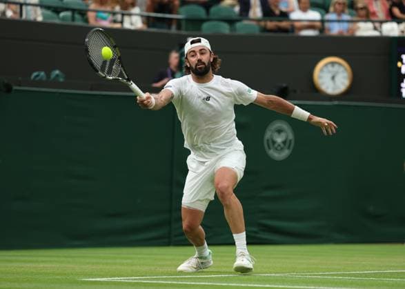6th July 2025; All England Lawn Tennis and Croquet Club, London, England; Wimbledon Tennis Tournament, Day 7; Jordan Thompson (AUS) with a forehand shot to Taylor Fritz (USA)  ActionPlus12810469 JohnxPatrickxFletcher