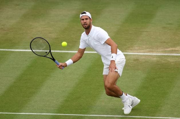 6th July 2025; All England Lawn Tennis and Croquet Club, London, England; Wimbledon Tennis Tournament, Day 7; Karen Khachanov (RUS) with a forehand shot to Kamil Majchrzak (POL)  ActionPlus12810493 JohnxPatrickxFletcher