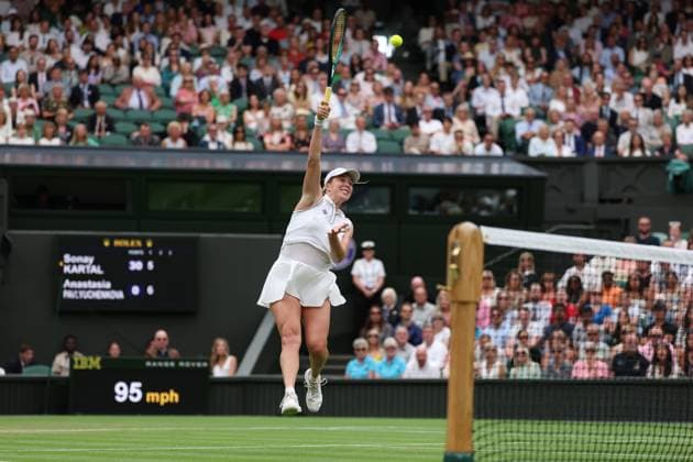 6th July 2025; All England Lawn Tennis and Croquet Club, London, England; Wimbledon Tennis Tournament, Day 7; Anastasia Pavlyuchenkova (RUS) with a forehand shot at the net to Sonay Kartal (GBR)  ActionPlus12810504 JohnxPatrickxFletcher