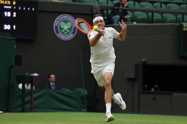 6th July 2025; All England Lawn Tennis and Croquet Club, London, England; Wimbledon Tennis Tournament, Day 7; Taylor Fritz (USA) with a forehand shot to Jordan Thompson (AUS)  ActionPlus12810476 JohnxPatrickxFletcher