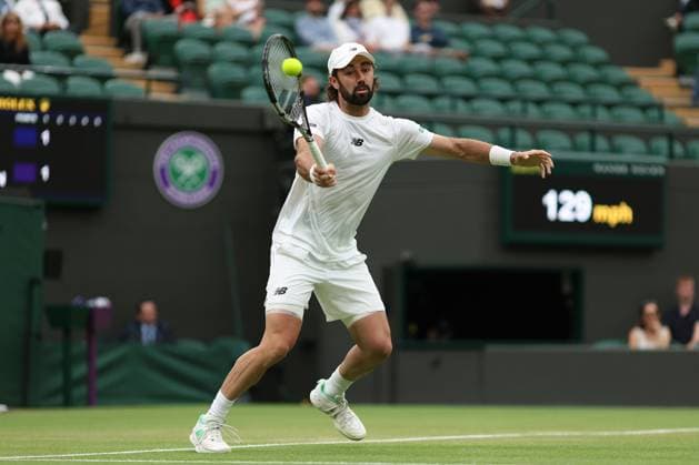 6th July 2025; All England Lawn Tennis and Croquet Club, London, England; Wimbledon Tennis Tournament, Day 7; Jordan Thompson (AUS) with a forehand shot to Taylor Fritz (USA)  ActionPlus12810484 JohnxPatrickxFletcher