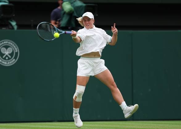 6th July 2025; All England Lawn Tennis and Croquet Club, London, England; Wimbledon Tennis Tournament, Day 7; Sonay Kartal (GBR) with a forehand shot to Anastasia Pavlyuchenkova (RUS)  ActionPlus12810515 JohnxPatrickxFletcher