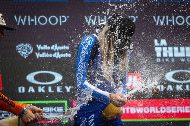 Whoop Downhill Worldcup La Thuile Podium Junior Woman Poped Cork at Whoop Downhill Worldcup La Thuile, 06 07 2025,in La Thuile,ITA Photo Sebastian Sternemann