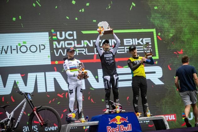 Whoop Downhill Worldcup La Thuile Podium Junior Menat Whoop Downhill Worldcup La Thuile, 06 07 2025,in La Thuile,ITA Photo Sebastian Sternemann