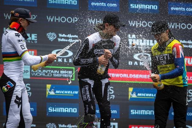 Whoop Downhill Worldcup La Thuile Podium Junior Menat Whoop Downhill Worldcup La Thuile, 06 07 2025,in La Thuile,ITA Photo Sebastian Sternemann