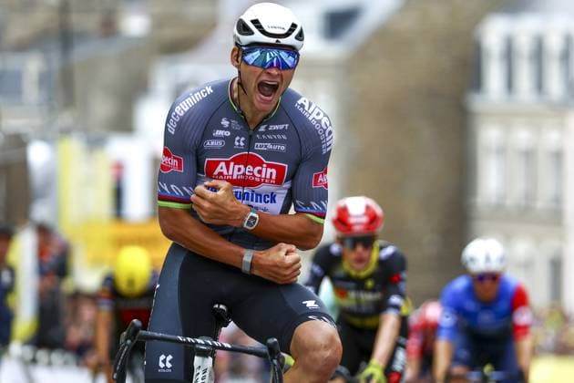 Dutch Mathieu van der Poel of Alpecin-Deceuninck celebrates after winning the second stage of the 2025 Tour de France cycling race, from Lauwin-Planque to Boulogne-sur-Mer (212 km), on Sunday 06 July 2025 in France. The 112th edition of the Tour de France starts on Saturday 5 July in Lille, and will finish in Paris on the 27th of July. DAVIDxPINTENS  x128547011x