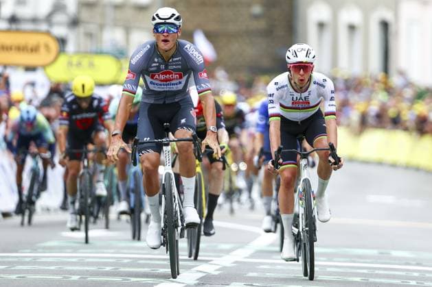 Dutch Mathieu van der Poel of Alpecin-Deceuninck celebrates after winning the second stage of the 2025 Tour de France cycling race, from Lauwin-Planque to Boulogne-sur-Mer (212 km), on Sunday 06 July 2025 in France. The 112th edition of the Tour de France starts on Saturday 5 July in Lille, and will finish in Paris on the 27th of July. DAVIDxPINTENS  x128547024x