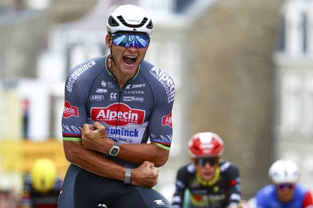 Dutch Mathieu van der Poel of Alpecin-Deceuninck celebrates after winning the second stage of the 2025 Tour de France cycling race, from Lauwin-Planque to Boulogne-sur-Mer (212 km), on Sunday 06 July 2025 in France. The 112th edition of the Tour de France starts on Saturday 5 July in Lille, and will finish in Paris on the 27th of July. DAVIDxPINTENS  x128547027x