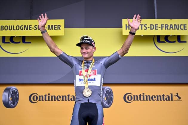 Dutch Mathieu van der Poel of Alpecin-Deceuninck celebrates on the podium after winning the second stage of the 2025 Tour de France cycling race, from Lauwin-Planque to Boulogne-sur-Mer (212 km), on Sunday 06 July 2025 in France. The 112th edition of the Tour de France starts on Saturday 5 July in Lille, and will finish in Paris on the 27th of July. JASPERxJACOBS  x128548233x