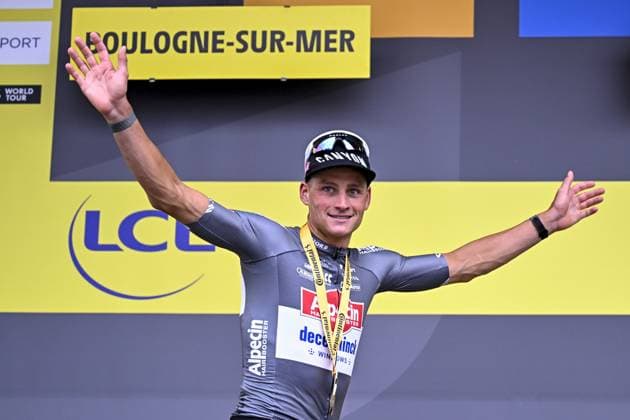 Dutch Mathieu van der Poel of Alpecin-Deceuninck celebrates on the podium after winning the second stage of the 2025 Tour de France cycling race, from Lauwin-Planque to Boulogne-sur-Mer (212 km), on Sunday 06 July 2025 in France. The 112th edition of the Tour de France starts on Saturday 5 July in Lille, and will finish in Paris on the 27th of July. JASPERxJACOBS  x128548237x