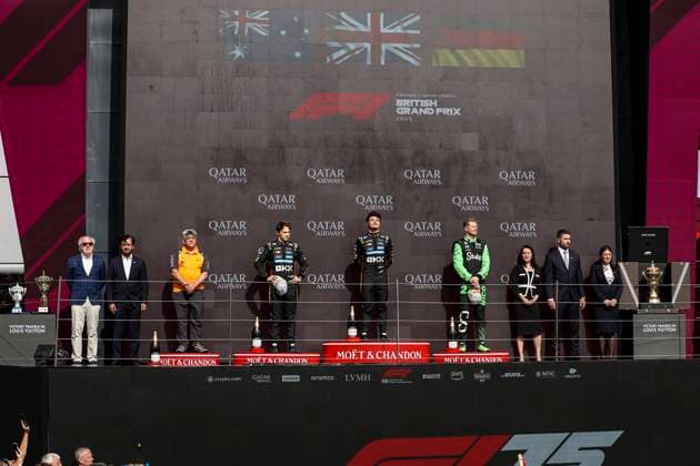 F1 - BRITISH GRAND PRIX 2025 NORRIS Lando (gbr), McLaren F1 Team MCL39, portrait PIASTRI Oscar (aus), McLaren F1 Team MCL39, portrait HULKENBERG Nico (ger), Stake F1 Team Kick C45, portrait BEN SULAYEM Mohammed (uae), President of the FIA, portrait during the Formula 1 Qatar Airways British Grand Prix 2025, 12th round of the 2025 FIA Formula One World Championship, WM, Weltmeisterschaft from July 4 to 6, 2025 on the Silverstone Circuit, in Silverstone, United Kingdom - SilverstoneUnited Kingdom Copyright: xEricxAlonsox