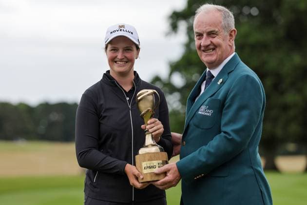 KPMG Women s Irish Open 2025, Carton House, Maynooth 6 7 2025 Lottie Woad with the KPMG Women s Irish Open Trophy and Golf Ireland President Michael Evans Lottie Woad with the KPMG Women s Irish Open Trophy and Michael Evans 6 7 2025  Copyright: x INPHO LaszloxGeczox LG1_4271