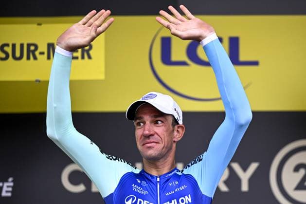 French Bruno Armirail of Decathlon AG2R La Mondiale Team celebrates on the podium with the combativity award after the second stage of the 2025 Tour de France cycling race, from Lauwin-Planque to Boulogne-sur-Mer (212 km), on Sunday 06 July 2025 in France. The 112th edition of the Tour de France starts on Saturday 5 July in Lille, and will finish in Paris on the 27th of July. JASPERxJACOBS  x128548877x