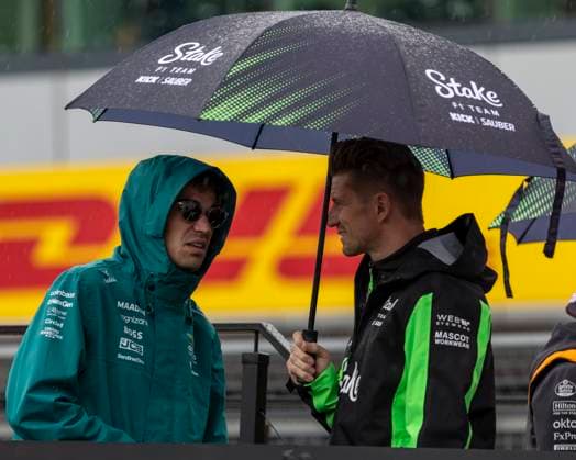 6th July 2025; Silverstone Circuit, Northamptonshire, England; Formula 1 2025 Qatar Airways British F1 Grand Prix; Race Day; Aston Martin Aramco F1 Team driver Lance Stroll and Stake F1 Team Kick Sauber driver Nico Hulkenberg during the drivers parade  ActionPlus12810667 TimxWilliams