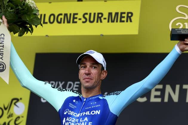 French Bruno Armirail of Decathlon AG2R La Mondiale Team celebrates on the podium with the combativity award after the second stage of the 2025 Tour de France cycling race, from Lauwin-Planque to Boulogne-sur-Mer (212 km), on Sunday 06 July 2025 in France. The 112th edition of the Tour de France starts on Saturday 5 July in Lille, and will finish in Paris on the 27th of July. DAVIDxPINTENS  x128549145x